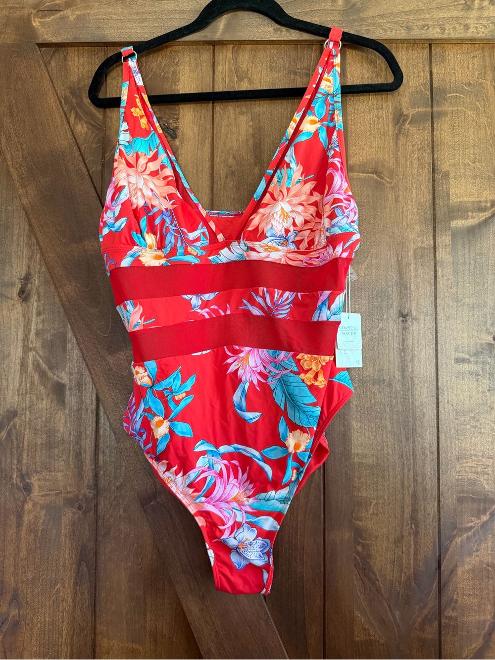 NWT 3XL Coastal Waves Tropical Red Floral Mesh Plunge One-Piece Swimsuit